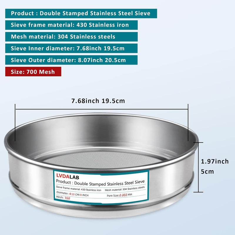 LVDALAB 304 Stainless Steel Mesh Lab Sieve, 700 Mesh(0.022mm) Aperture Test Sieve, 7.9Inch(20cm) Diameter Economy Standard Analysis Sample Test Sieves for Industrial Laboratory Homes - Image 2